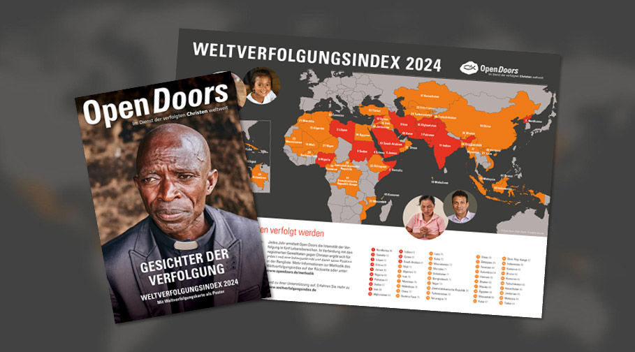 Cover des Sonderheftes "Gesichter der Verfolgung" und Karte des Weltverfolgungsindex 2024