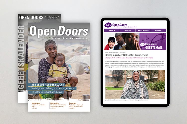 Produktabbildung des Open Doors Monatsmagazins und des Gebetskalenders für den aktuellen Monat. Rechts daneben wird ein Tablet mit den aktuellen digitalen Meldungen abgebildet.