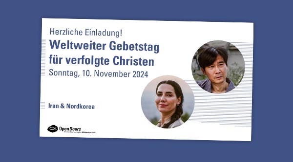 Collage aus Design-Elementen und zwei runden Porträts mit dem Schriftzug "Weltweiter Gebetstag für verfolgte Christen 2024"