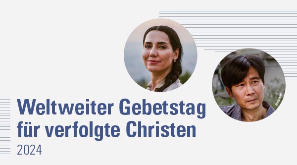 Collage aus Design-Elementen und zwei runden Porträts mit dem Schriftzug "Weltweiter Gebetstag für verfolgte Christen 2024"