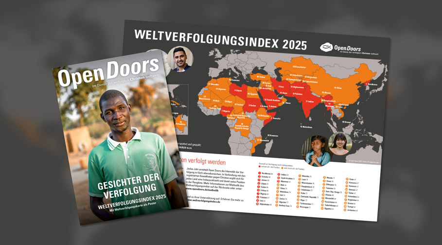 Cover des Sonderheftes "Gesichter der Verfolgung" und Karte des Weltverfolgungsindex 2024