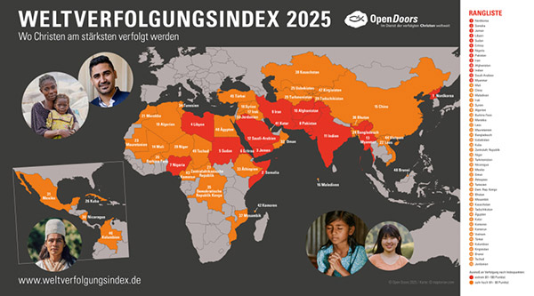 Karte des Weltverfolgungsindex 2025 mit einer Rangliste der ersten 50 Länder auf der rechten Seite