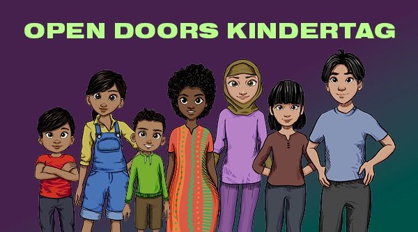 Überschrift Open Doors Kindertag mit sieben illustrierten Secret Kids